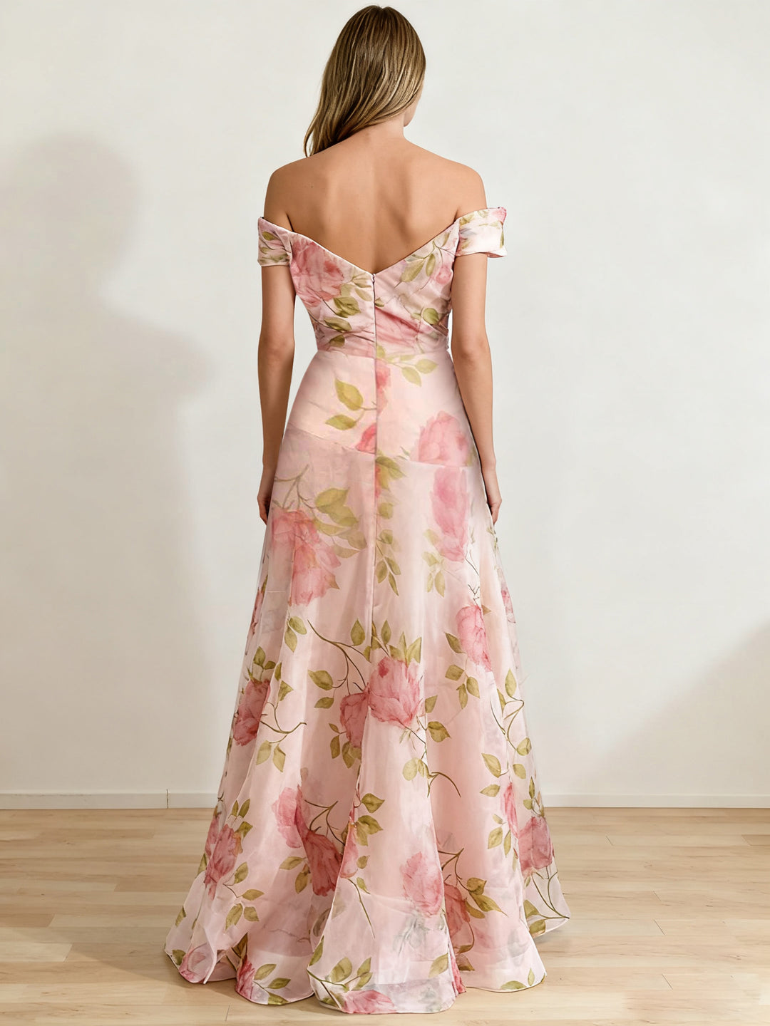 A-Line/Princess Off-the-Shoulder Printed Floral Plus Size Prom Dresses with Ruffles
