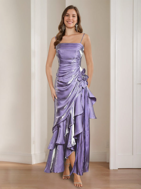 A-Line/Princess Spaghetti Straps Ruched Asymmetrical Vintage Prom Dresses with Ruffles & 3D Flower