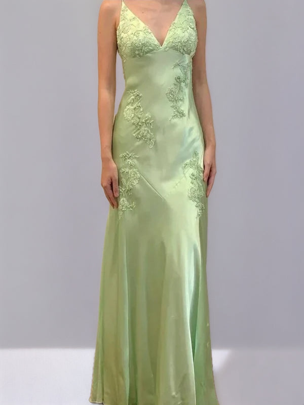 Sheath/Column Spaghetti Straps Backless Sleeveless Prom Dresses with Appliques & Self-tie