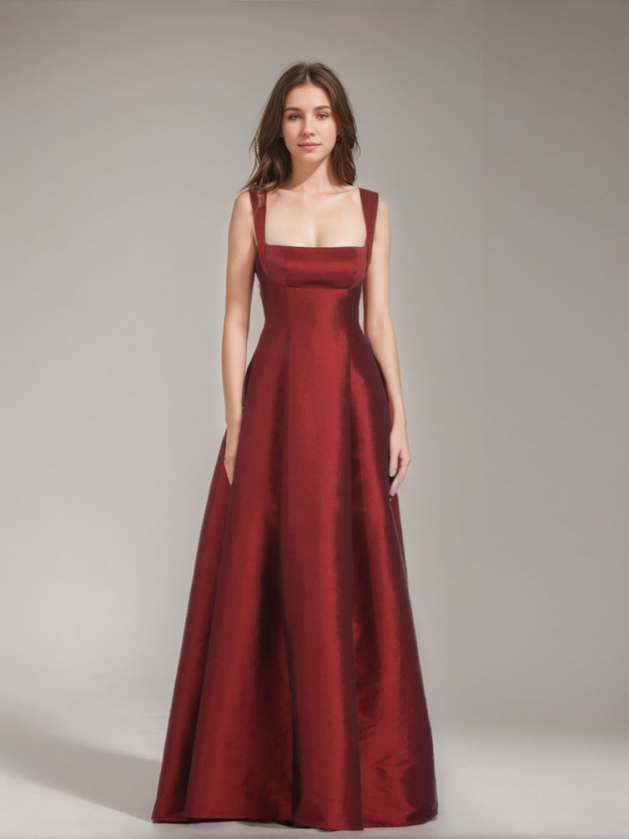 A-Line/Princess Square Neckline Floor-length Prom Dresses with Bowknot