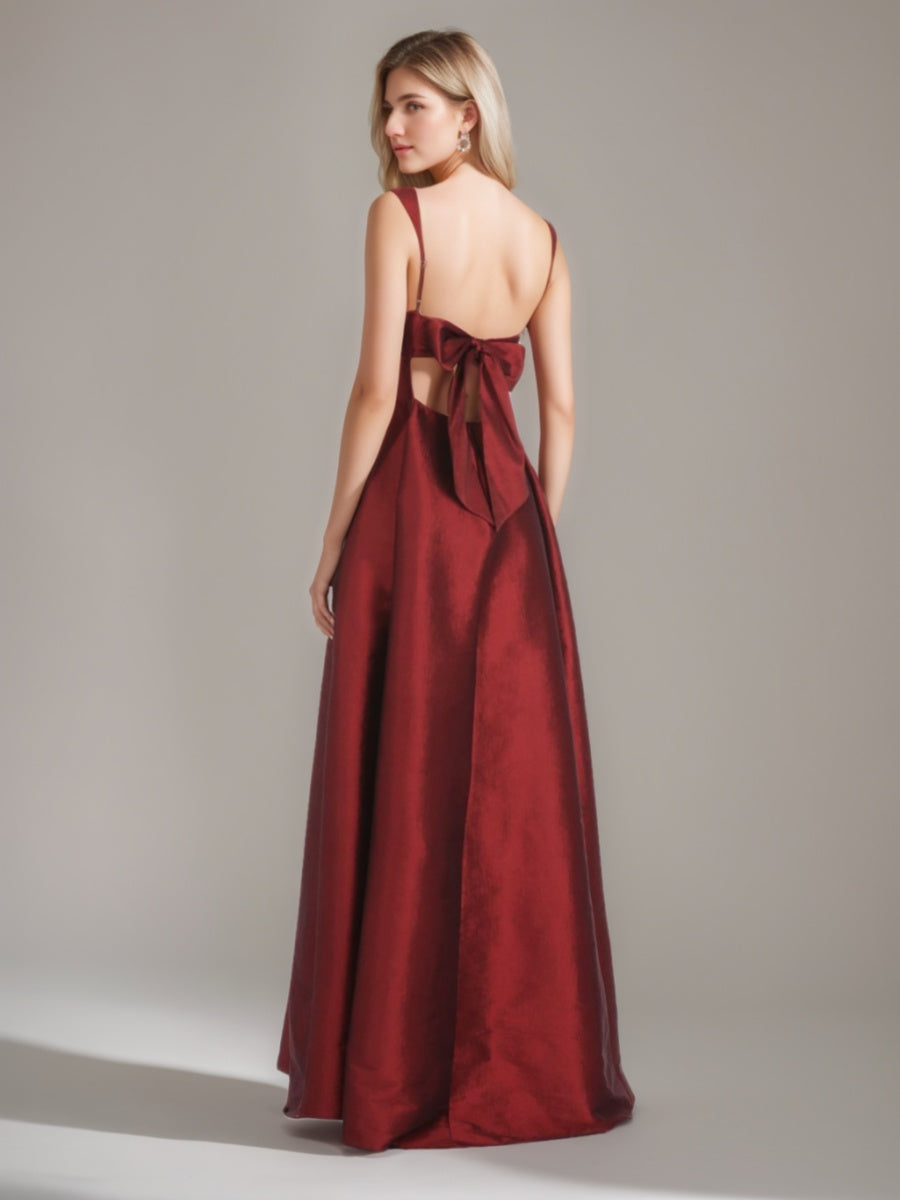 A-Line/Princess Square Neckline Floor-length Prom Dresses with Bowknot