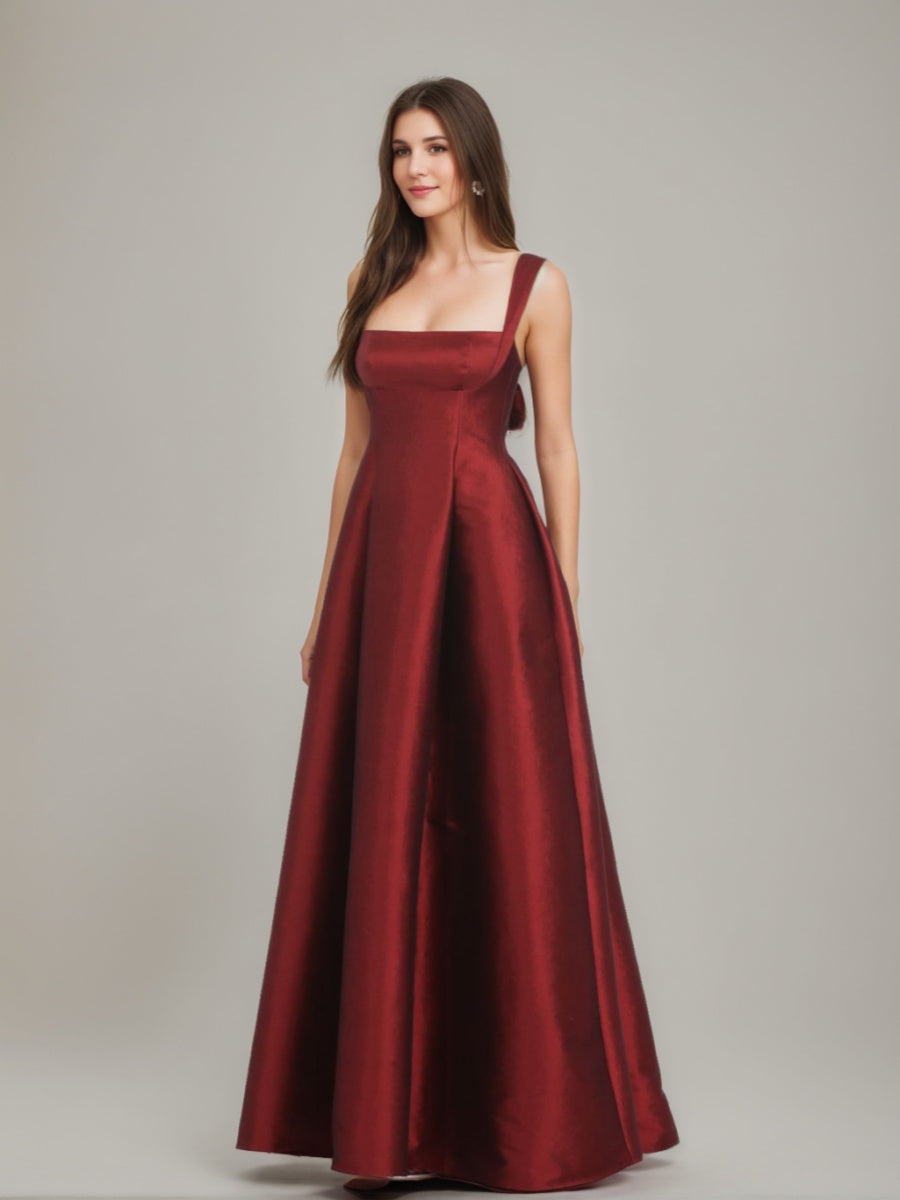 A-Line/Princess Square Neckline Floor-length Prom Dresses with Bowknot