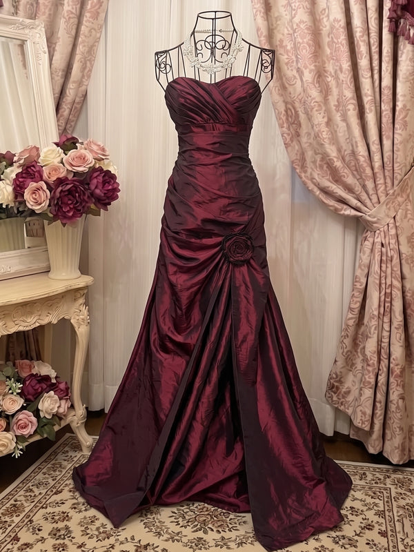 Trumpet/Mermaid Strapless Sleeveless Floor-Length Taffeta Prom Dresses with Flowers & Ruffles