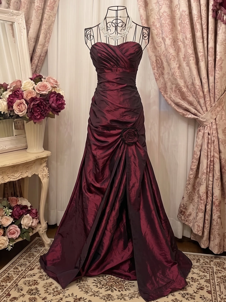 Trumpet/Mermaid Strapless Sleeveless Floor-Length Taffeta Prom Dresses with Flowers & Ruffles