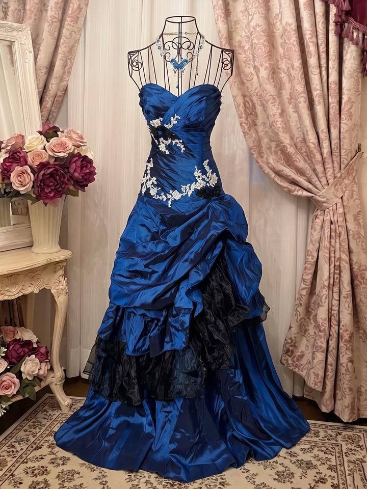 A-Line/Princess Sweetheart Sleeveless Floor-Length Taffeta Lace Prom Dresses with Ruffles & Appliques