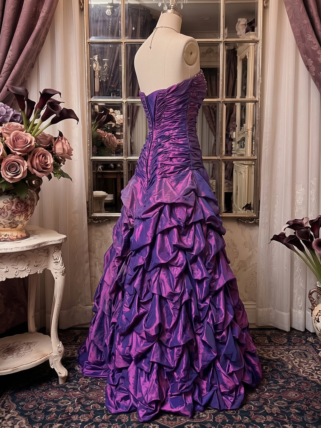A-Line/Princess Sweetheart Sleeveless Floor-Length Taffeta Prom Dresses with Ruffles & Sequins
