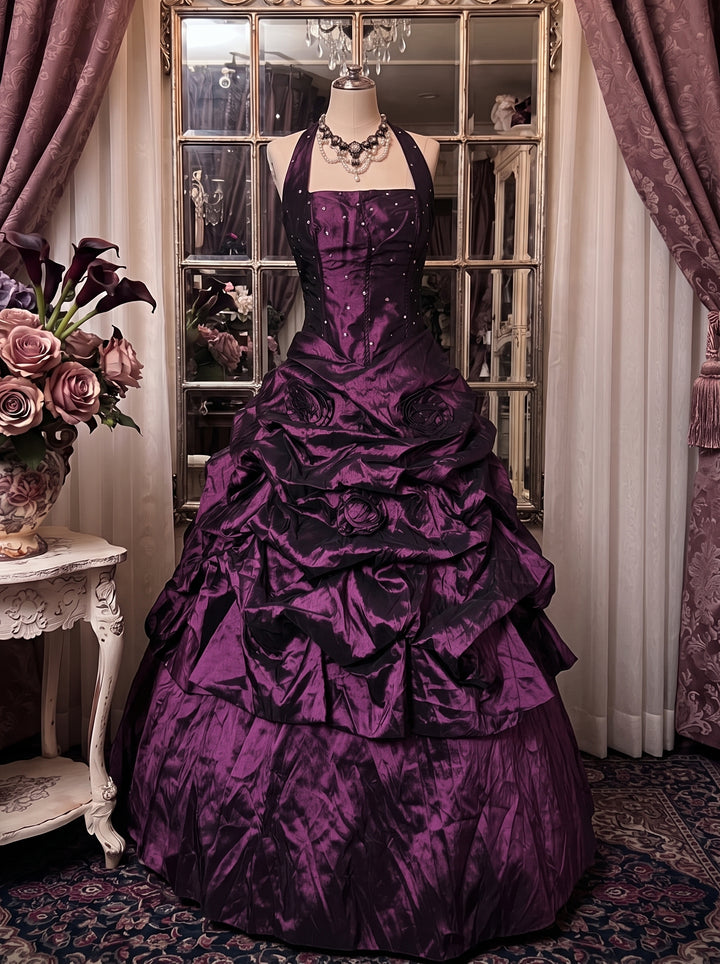 Ball Gown Halter Neck Sleeveless Floor-Length Taffeta Prom Dresses with Ruffles & Hot Diamond