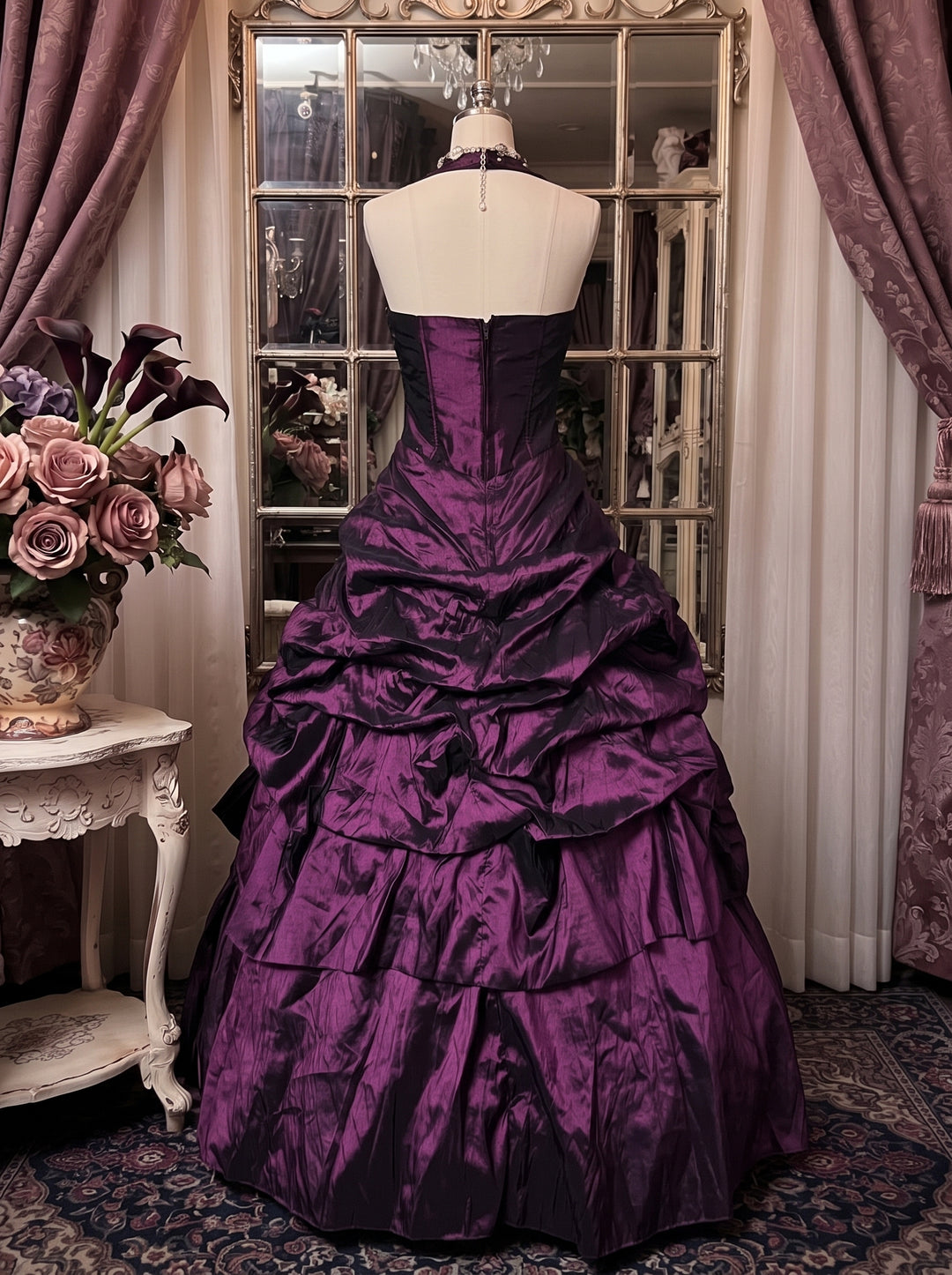 Ball Gown Halter Neck Sleeveless Floor-Length Taffeta Prom Dresses with Ruffles & Hot Diamond