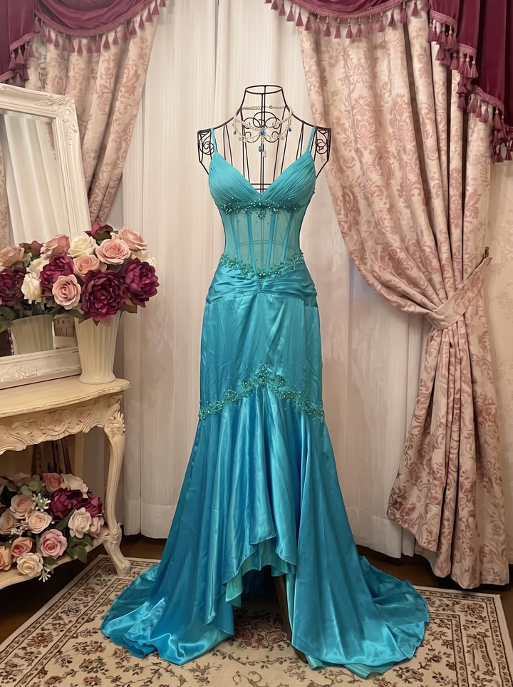 A-Line/Princess V-Neck Spaghetti Straps Sleeveless Asymmetrical Taffeta Prom Dresses with Ruffles & Sequins