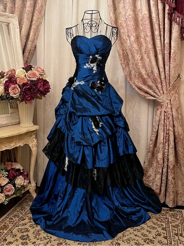 A-Line/Princess Sweetheart Sleeveless Floor-Length Taffeta Lace Floral Prom Dresses with Ruffles, Appliques & Flowers