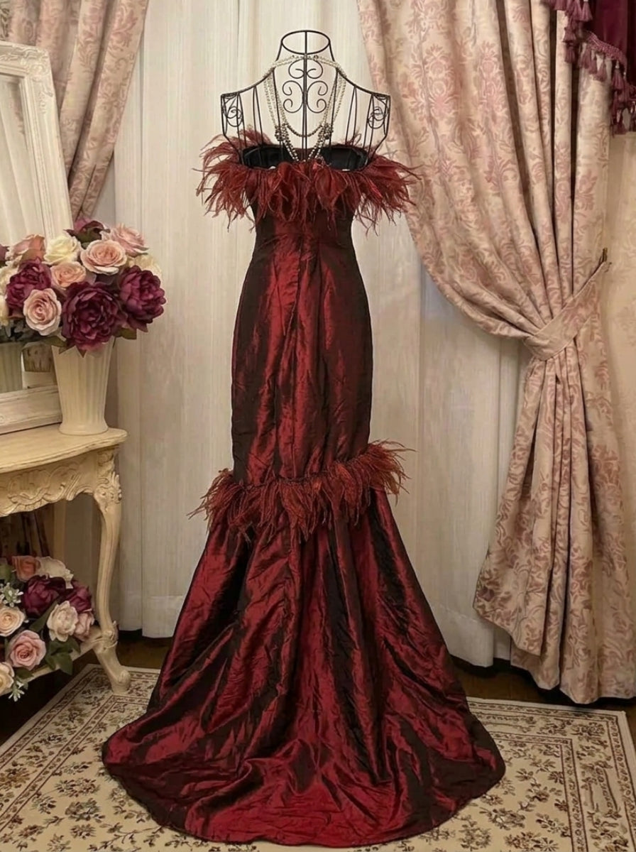 Trumpet/Mermaid Strapless Sleeveless Floor-Length Taffeta Prom Dresses with Hot Diamond & Feathers