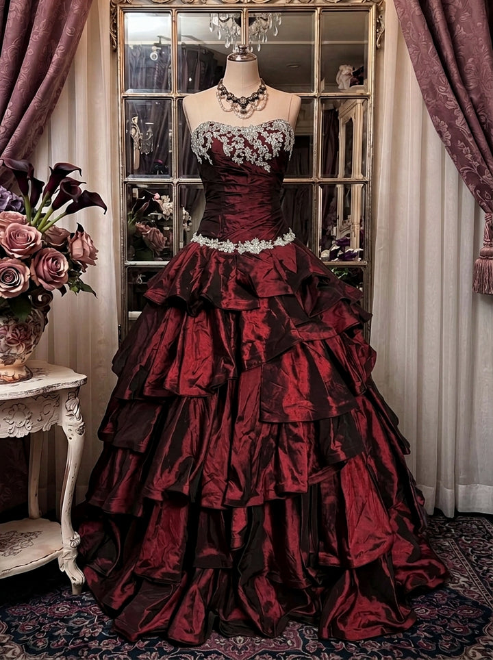 Ball Gown Strapless Neck Sleeveless Floor-Length Taffeta Prom Dresses with Ruffles & Appliques