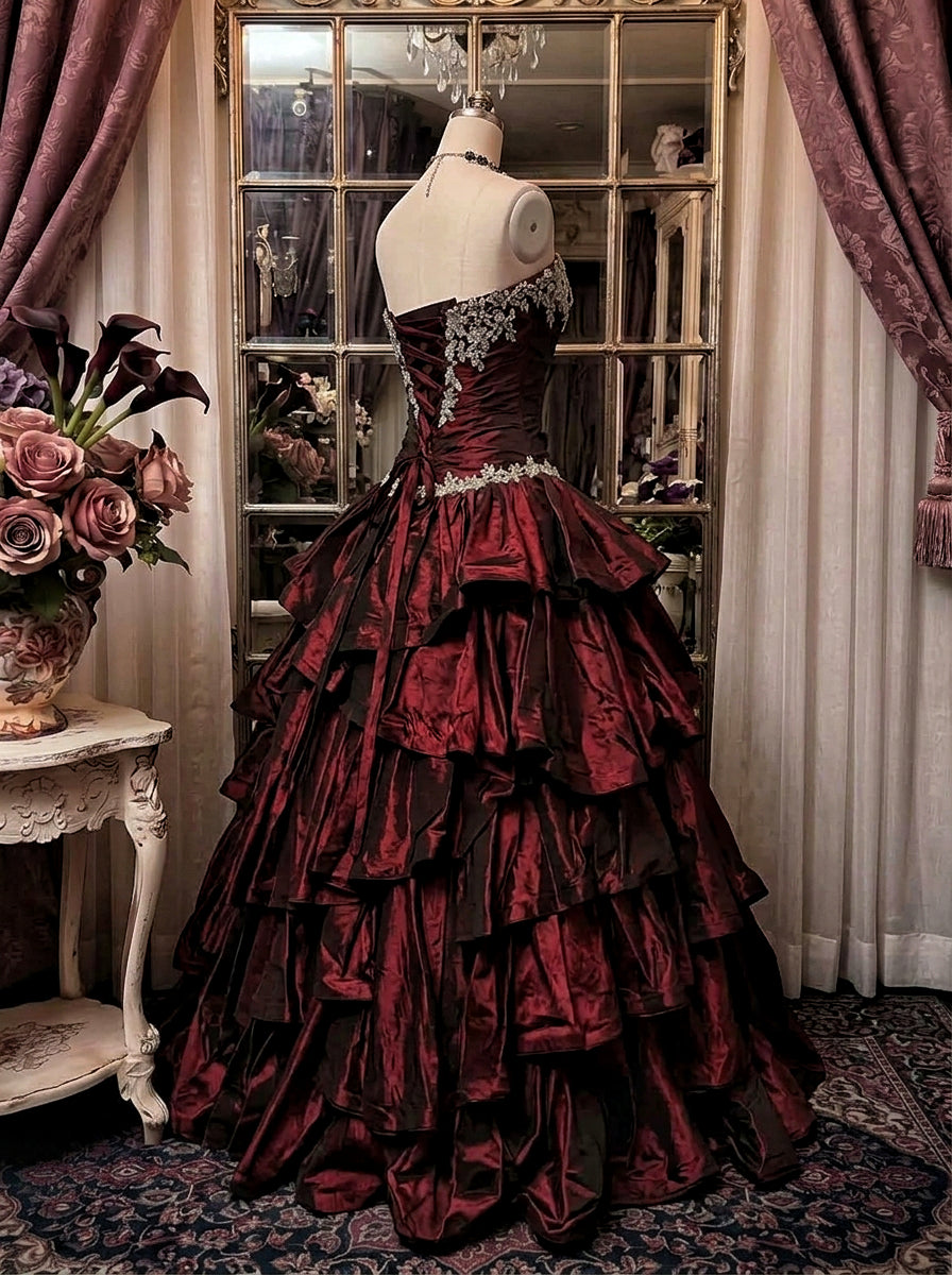 Ball Gown Strapless Neck Sleeveless Floor-Length Taffeta Prom Dresses with Ruffles & Appliques