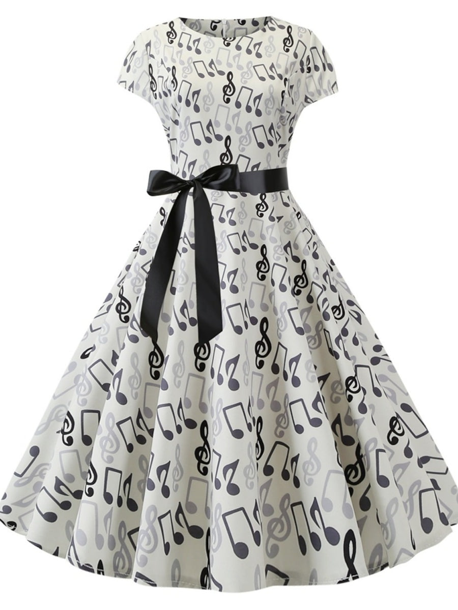 A-Line/Princess 1950s Scoop Short Sleeves Vintage Dresses with Bow Sash, S / As Pic