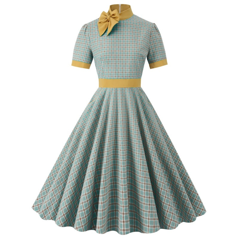 short vintage dresses A-Line/Princess 1950s High Neck Short Sleeves Vintage Dresses with Bow & Pocket, S / As Pic