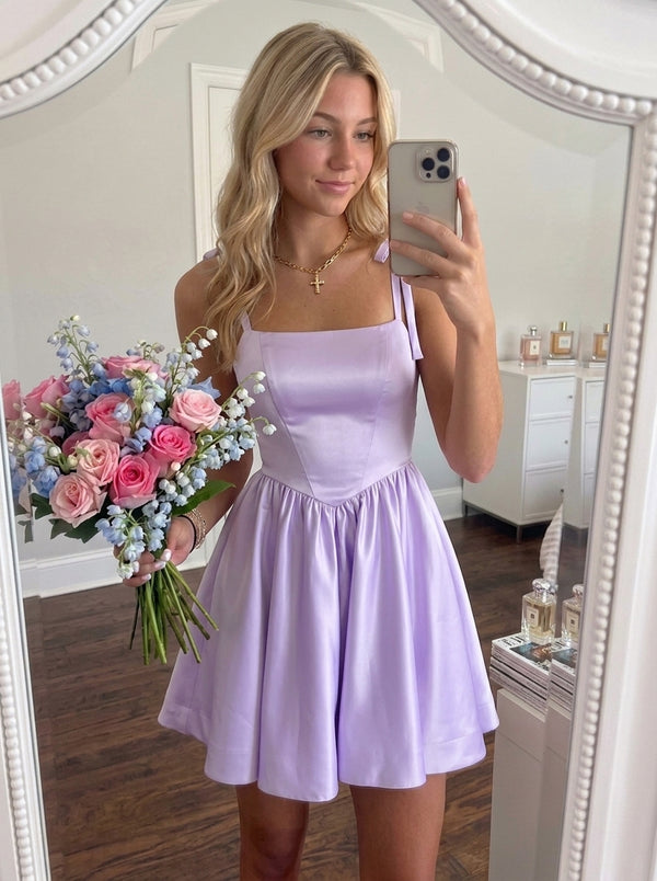 A-Line/Princess Square Neckline Pleated Short/Mini Homecoming Dresses with Bow Straps