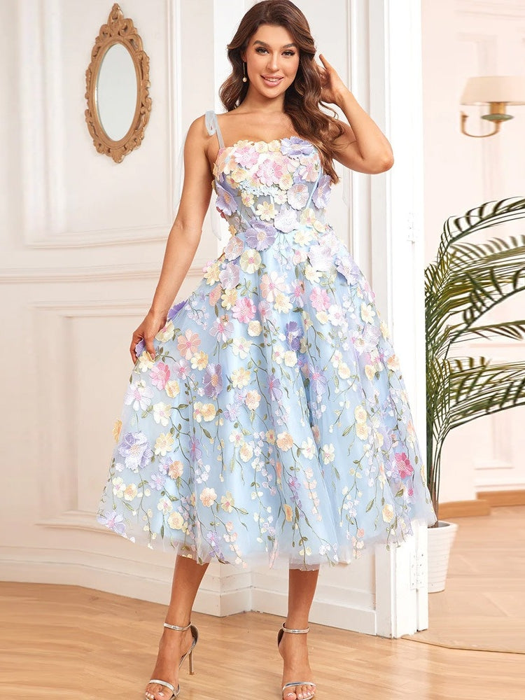 3D Flower Cocktail Party Prom Dresses for Women A-Line/Princess Spaghetti Straps Sleeveless Tea-Length Formal Guest Evening Ball Gowns, As Pic / S