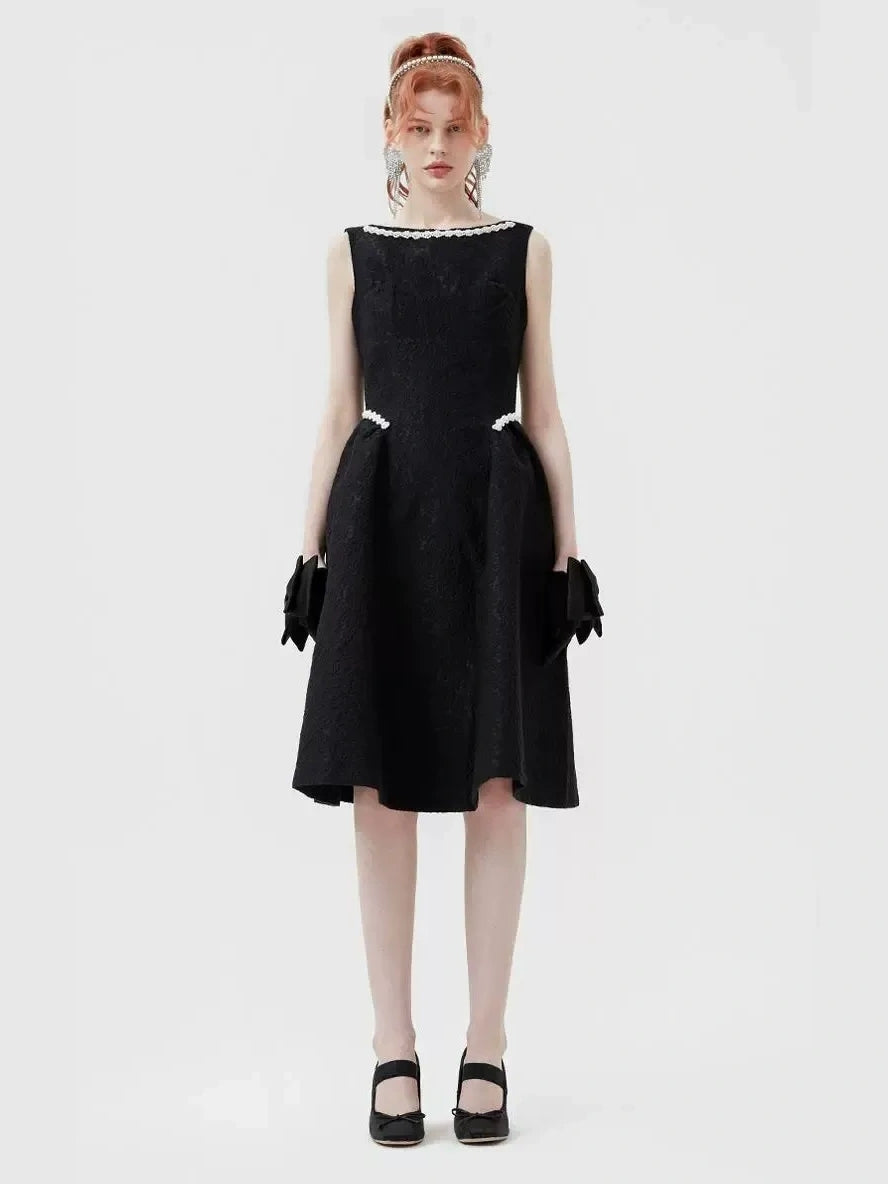 A-Line/Princess Scoop Sleeveless Knee-Length Vintage Dresses with Bow Pockets & Pearls, S / Black