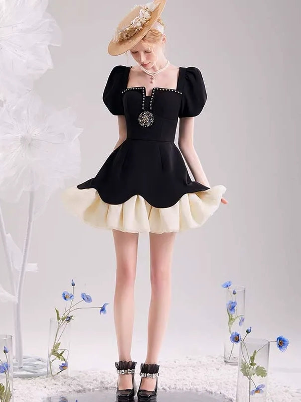 vintage dresses mini A-Line/Princess Square Neckline Puff Sleeves Mini/Short Pleated Vintage Dresses with Jewel Appliques & Ruffles, S / Black
