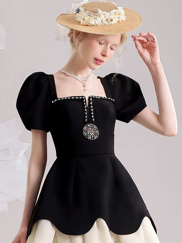 A-Line/Princess Square Neckline Puff Sleeves Mini/Short Pleated Vintage Dresses with Jewel Appliques & Ruffles, S / Black A-Line/Princess Square Neckline Puff Sleeves Mini/Short Pleated Vintage Dresses with Jewel Appliques & Ruffles, S / Black