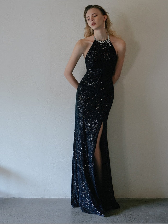 Trumpet/Mermaid Halter Sleeveless Backless Floor-Length Vintage Dresses with Slit & Sequins, S / Black Trumpet/Mermaid Halter Sleeveless Backless Floor-Length Vintage Dresses with Slit & Sequins, S / Black