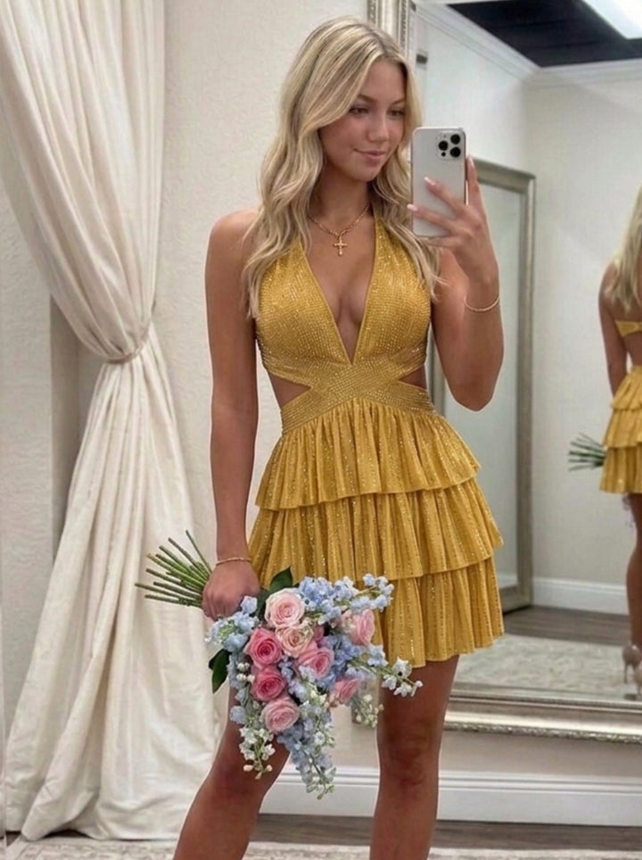 A-Line/Princess Deep V-Neck Sleeveless Short/Mini Homecoming Cocktail Dresses with Beaded and Ruffles