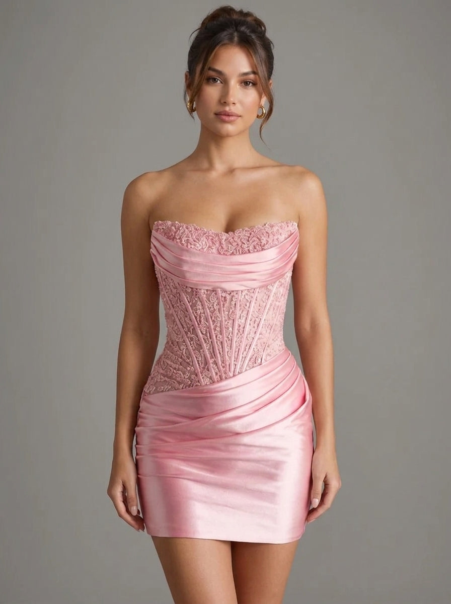 Sheath/Column Strapless Sleeveless Short/Mini Homecoming Dresses with Sequins, Appliques & Ruffles