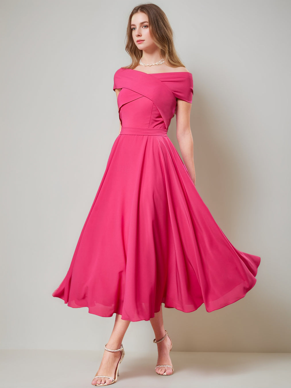 A-Line/Princess Off-the-Shoulder Short Sleeves Tea-Length Pleated Cocktail Dresses