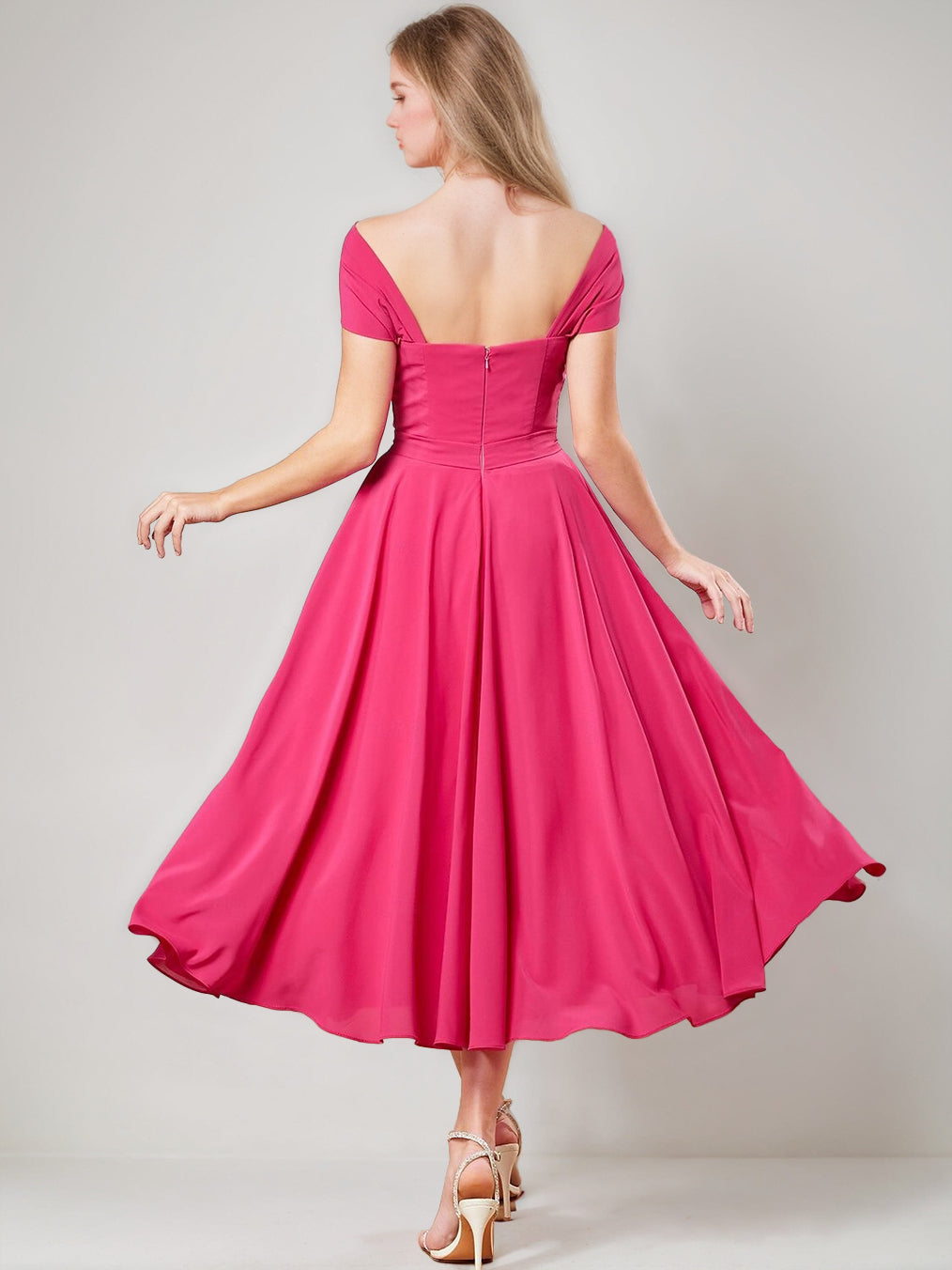 A-Line/Princess Off-the-Shoulder Short Sleeves Tea-Length Pleated Cocktail Dresses