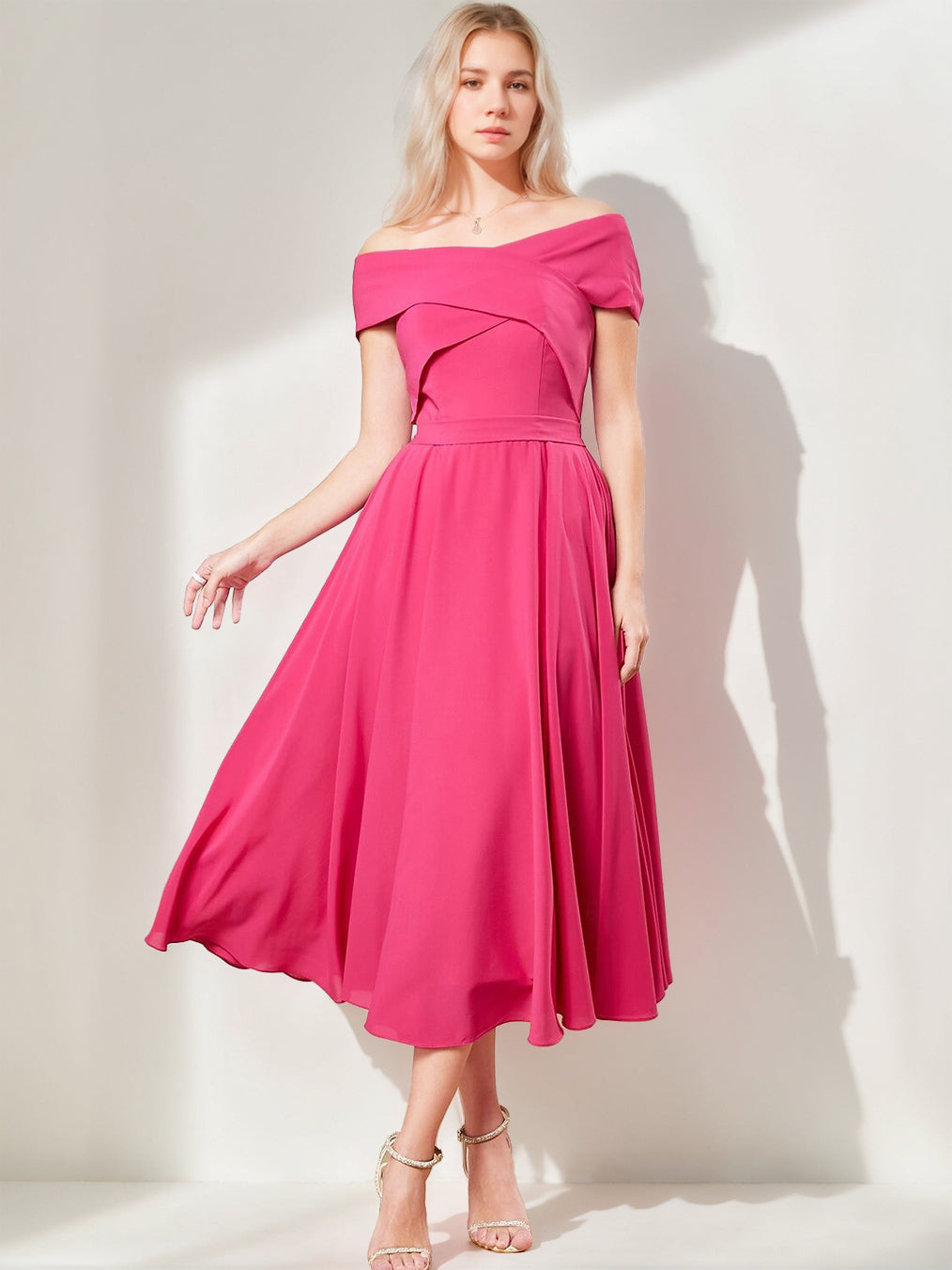 A-Line/Princess Off-the-Shoulder Short Sleeves Tea-Length Pleated Cocktail Dresses