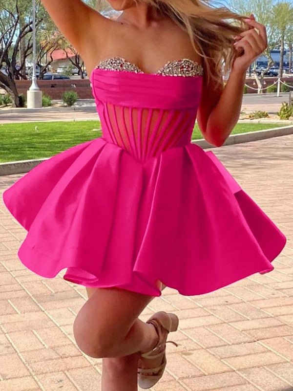 A-Line/Princess Sweetheart Sleeveless Short/Mini Pleated Homecoming Dresses  with Rhinestones
