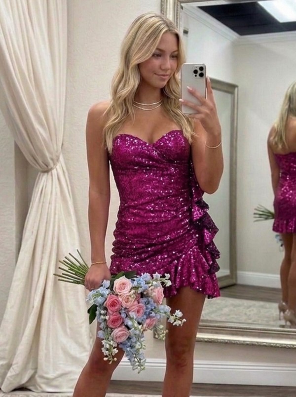 Sheath/Column Sequined Sweetheart Sleeveless Asymmetrical Ruched Homecoming Dresses with Ruffles