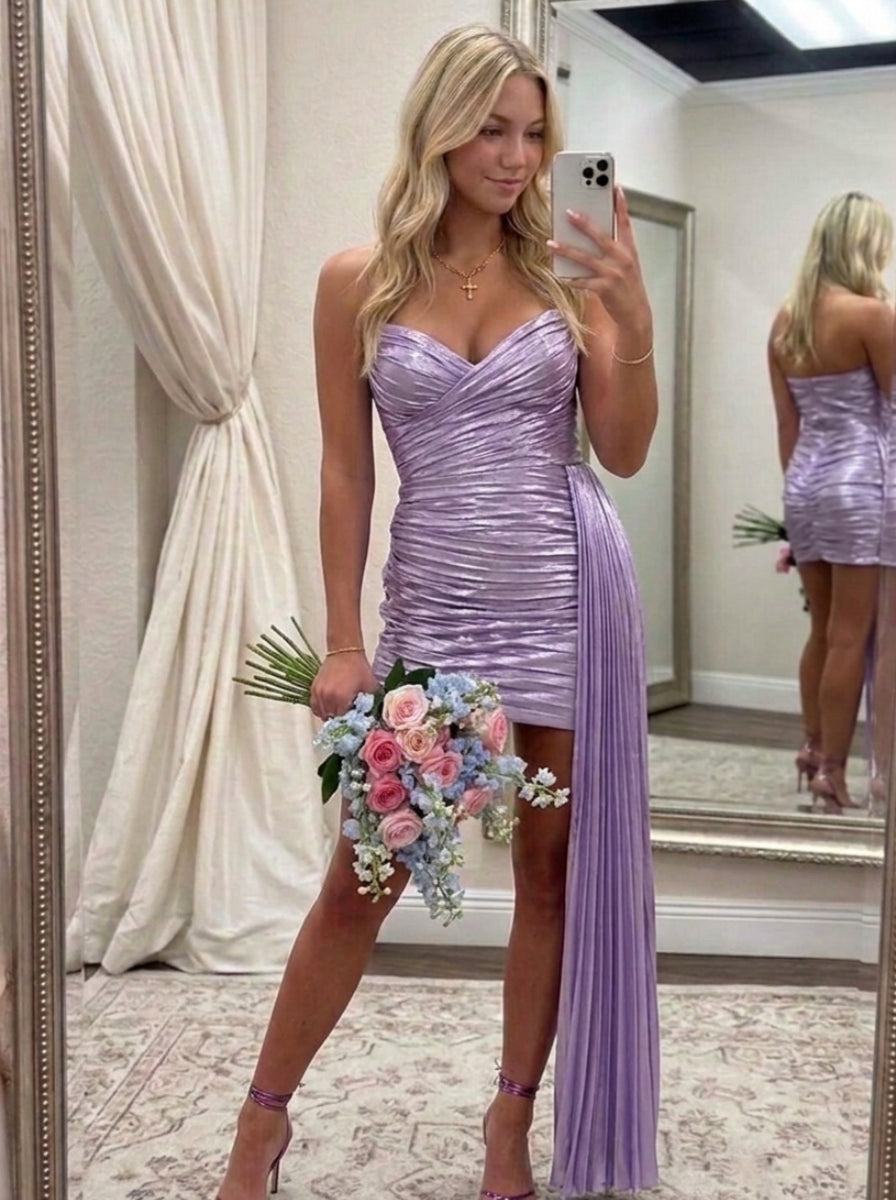 Sheath/Column Sweetheart Sleeveless Asymmetrical Ruched Homecoming Dresses with Pleated Side Train