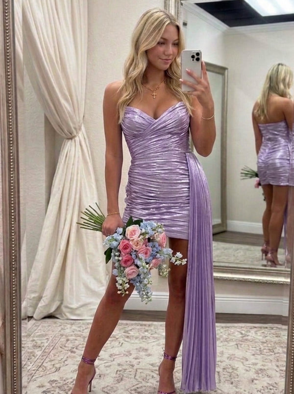 Sheath/Column Sweetheart Sleeveless Asymmetrical Ruched Homecoming Dresses with Pleated Side Train