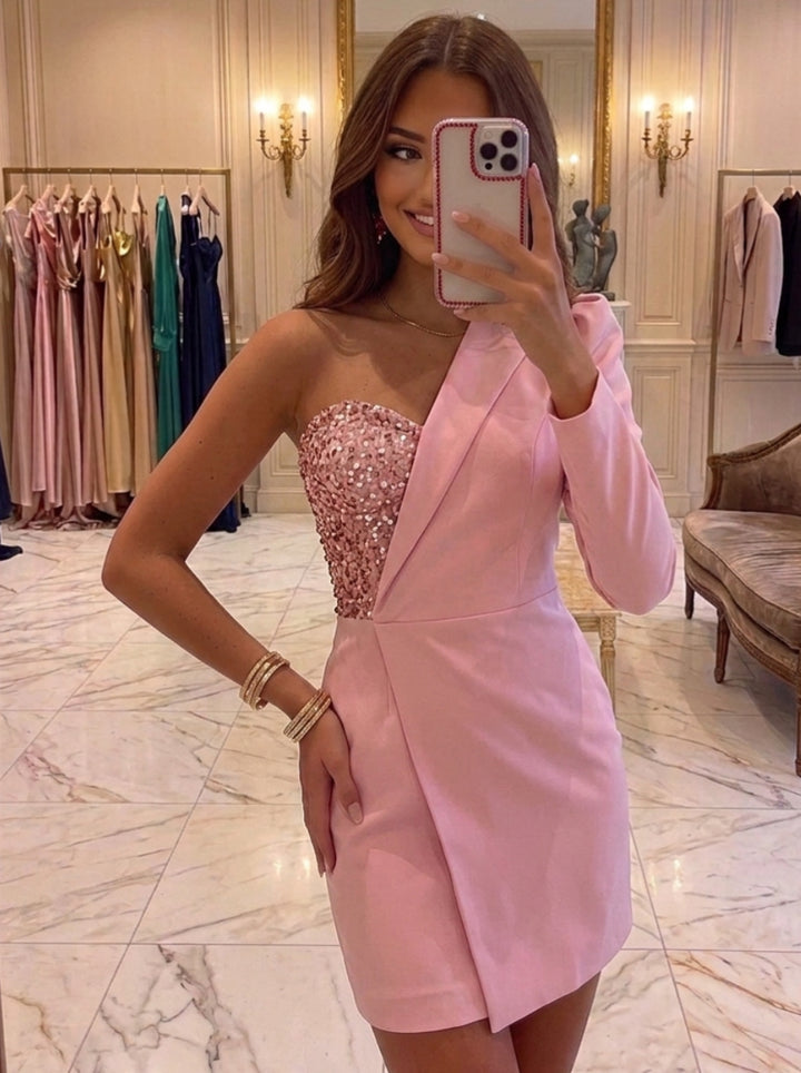 Sheath/Column One-Shoulder Long Sleeve Short/Mini Blazer Homecoming Dresses with Sequins