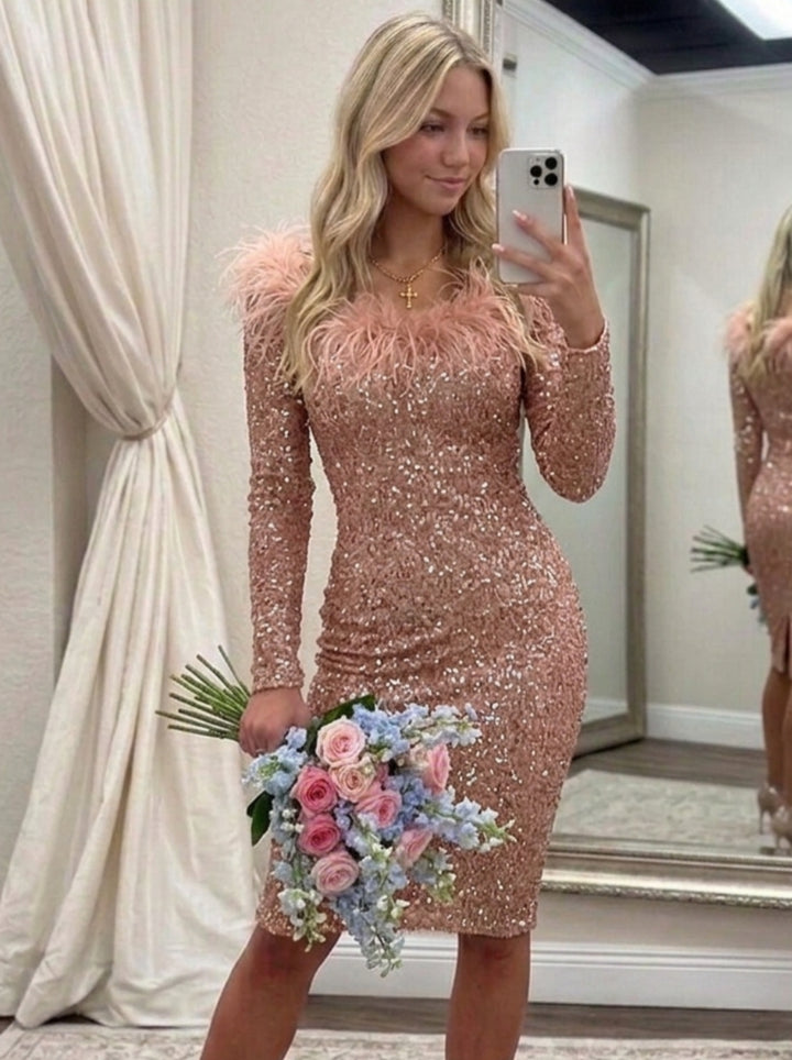 Sheath/Column Scoop Long Sleeves Sequined Knee-Length Homecoming Dresses with Feathers