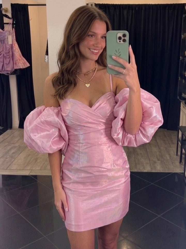 Sheath/Column Sweetheart Puff Sleeves Ruched Short/Mini Homecoming Dresses