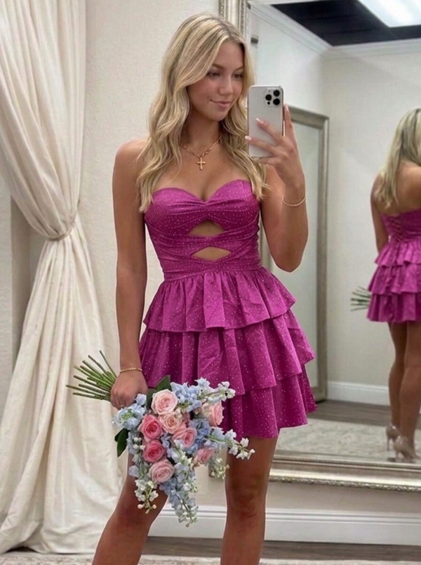 A-Line/Princess Strapless Sleeveless Short/Mini Beaded Homecoming Dresses with Ruffles