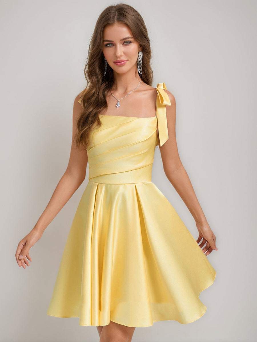 A-Line/Princess Square Pleated Mini Dresses Short Homecoming Dresses with Bow(s) Light Royal Blue A-Line/Princess Square Pleated Mini Dresses Short Homecoming Dresses with Bow(s) Light Royal Blue