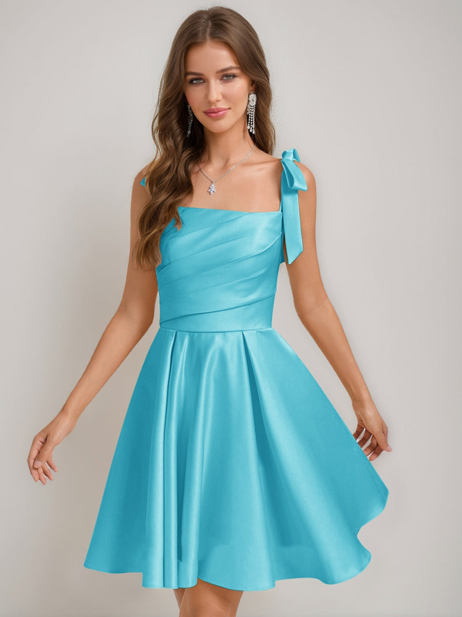 A-Line/Princess Square Pleated Mini Dresses Short Homecoming Dresses with Bow(s), Butter Yellow A-Line/Princess Square Pleated Mini Dresses Short Homecoming Dresses with Bow(s), Butter Yellow