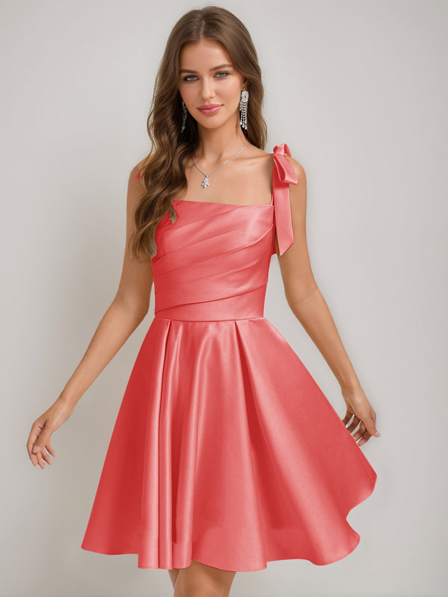 A-Line/Princess Square Pleated Mini Dresses Short Homecoming Dresses with Bow(s) Coral A-Line/Princess Square Pleated Mini Dresses Short Homecoming Dresses with Bow(s) Coral