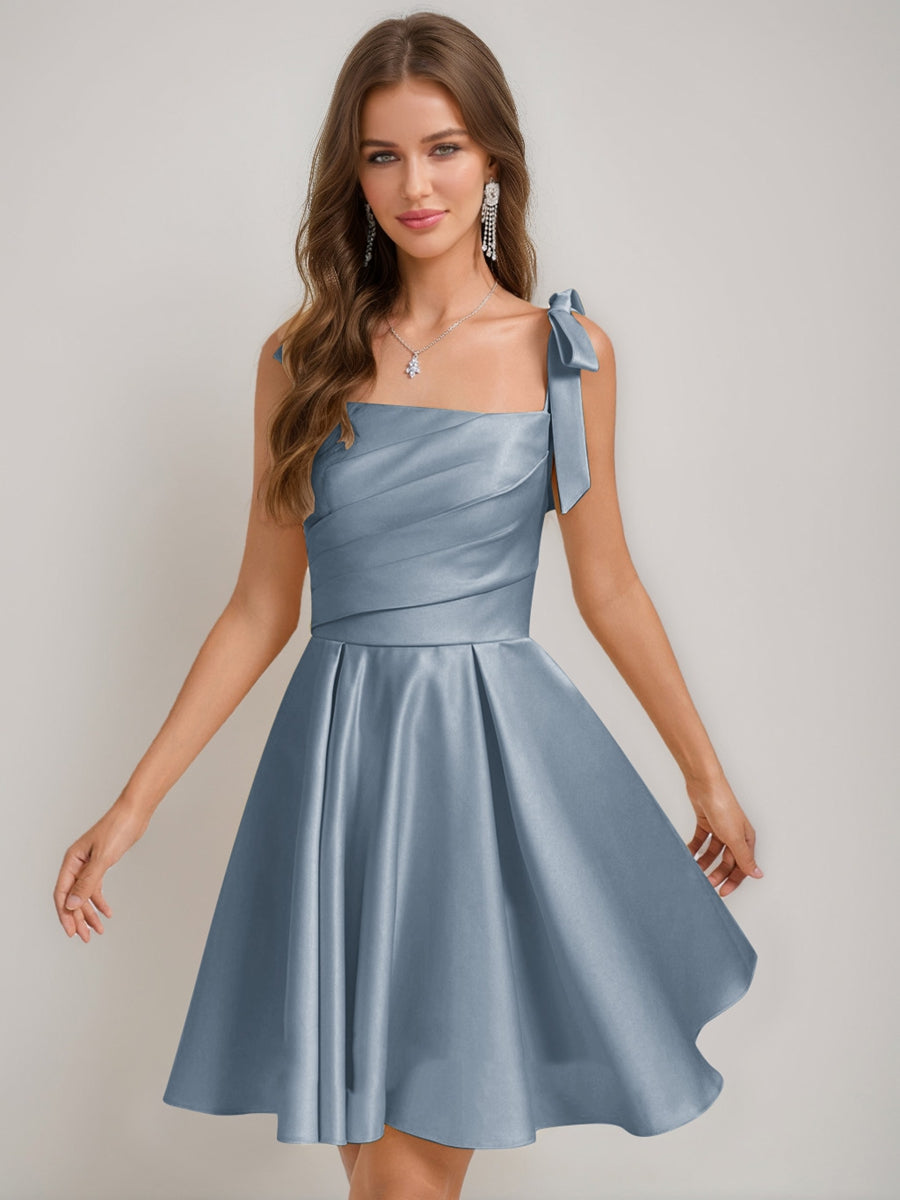 A-Line/Princess Square Pleated Mini Dresses Short Homecoming Dresses with Bow(s) Dusty Blue A-Line/Princess Square Pleated Mini Dresses Short Homecoming Dresses with Bow(s) Dusty Blue