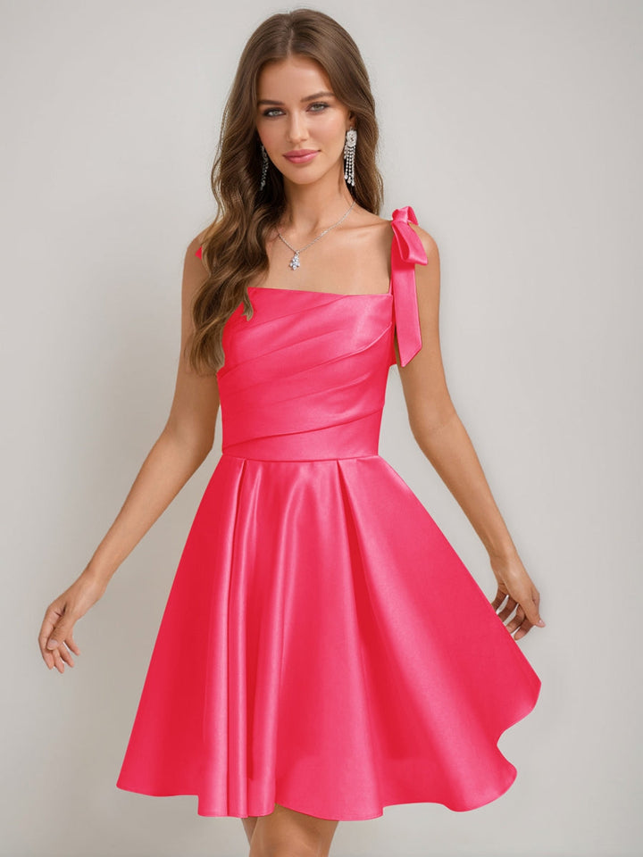 A-Line/Princess Square Pleated Mini Dresses Short Homecoming Dresses with Bow(s)