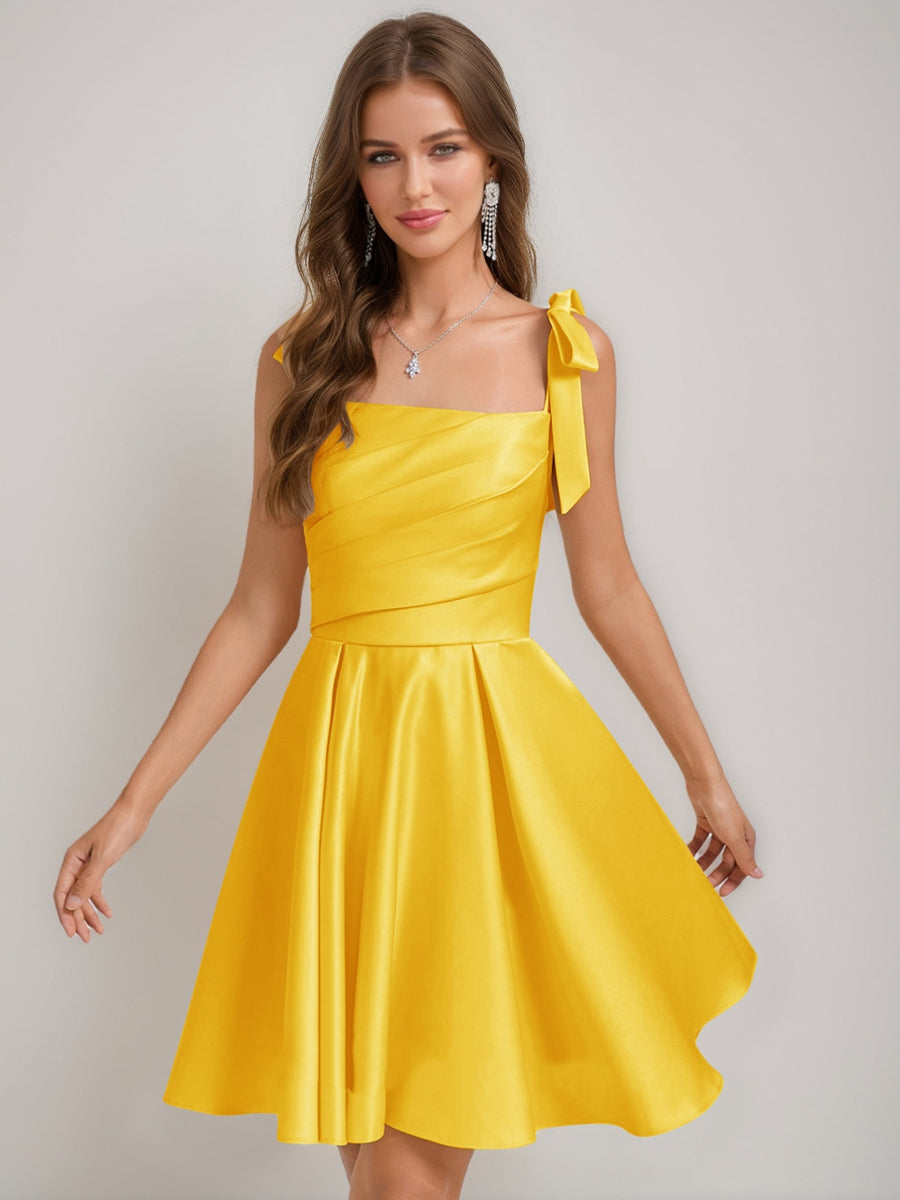 A-Line/Princess Square Pleated Mini Dresses Short Homecoming Dresses with Bow(s) Gold A-Line/Princess Square Pleated Mini Dresses Short Homecoming Dresses with Bow(s) Gold