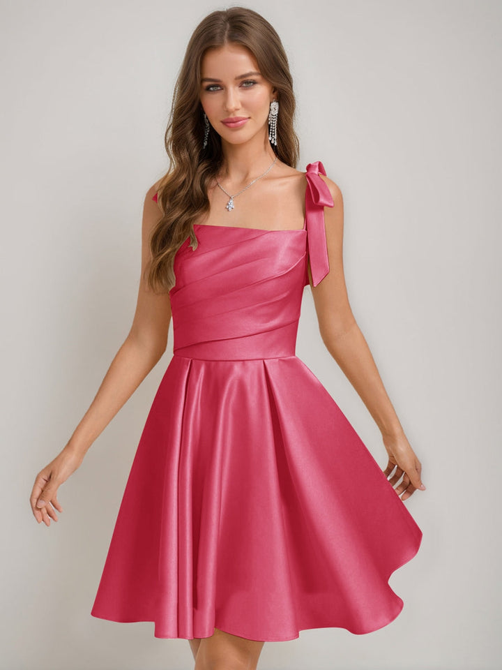 A-Line/Princess Square Pleated Mini Dresses Short Homecoming Dresses with Bow(s)