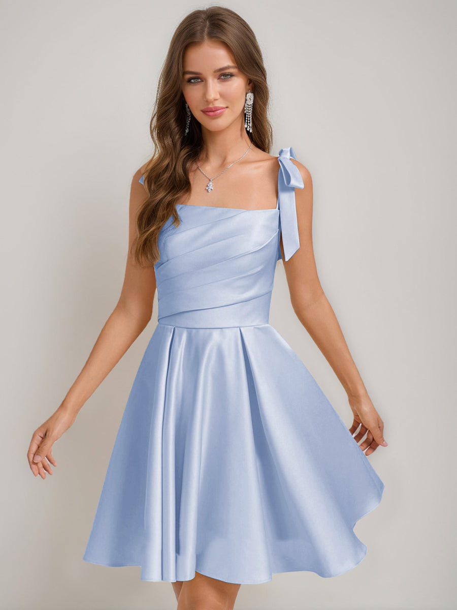 A-Line/Princess Square Pleated Mini Dresses Short Homecoming Dresses with Bow(s)