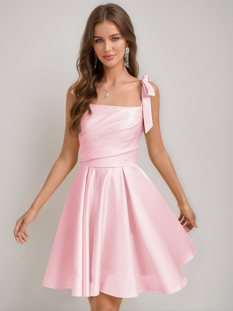 A-Line/Princess Square Pleated Mini Dresses Short Homecoming Dresses with Bow(s) Light Pink A-Line/Princess Square Pleated Mini Dresses Short Homecoming Dresses with Bow(s) Light Pink