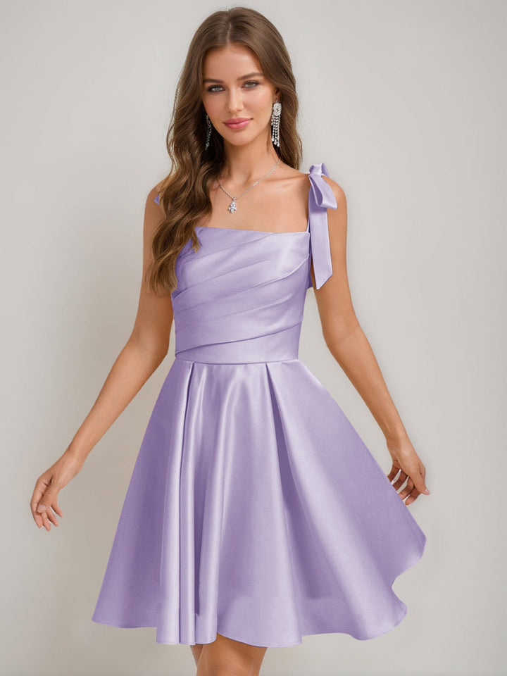 A-Line/Princess Square Pleated Mini Dresses Short Homecoming Dresses with Bow(s)