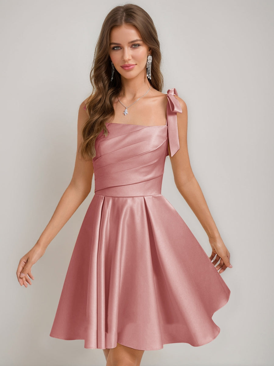 A-Line/Princess Square Pleated Mini Dresses Short Homecoming Dresses w - Mondressy A-Line/Princess Square Pleated Mini Dresses Short Homecoming Dresses w - Mondressy