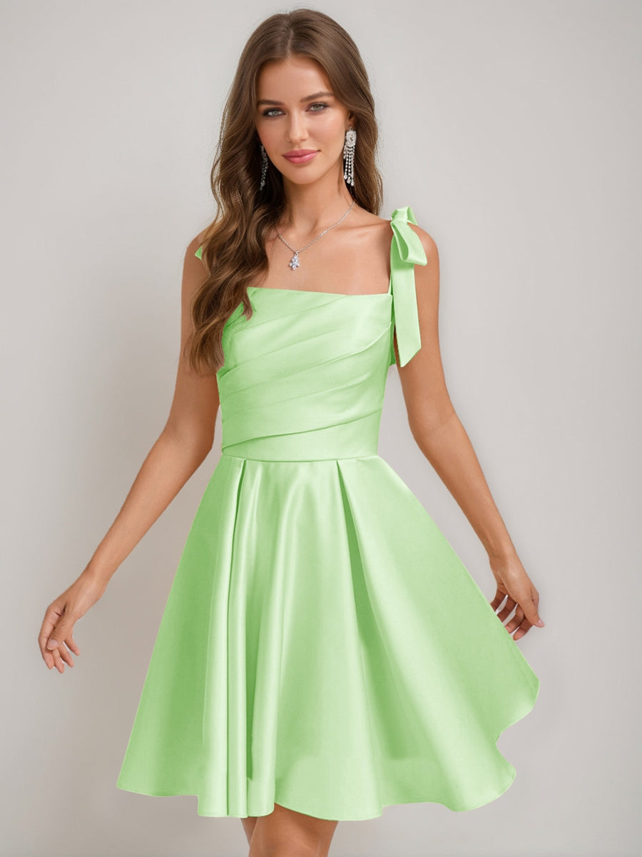 A-Line/Princess Square Pleated Mini Dresses Short Homecoming Dresses with Bow(s) Mint Green A-Line/Princess Square Pleated Mini Dresses Short Homecoming Dresses with Bow(s) Mint Green